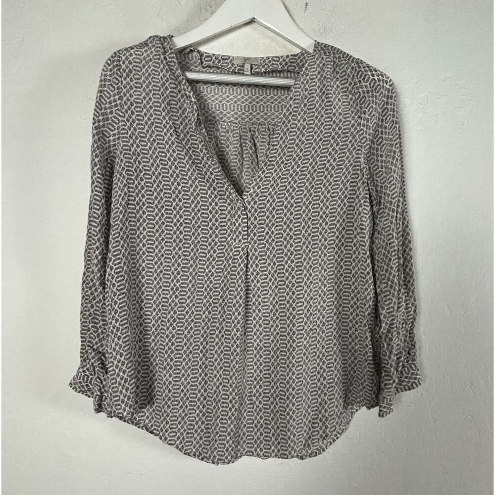 Joie Womens Geometric Print Long Sleeve Split Neck Silk Blouse Top Small Gray